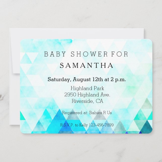 Aqua Blue Triangles Watercolor babydusch Inbjudningar (Framsida)