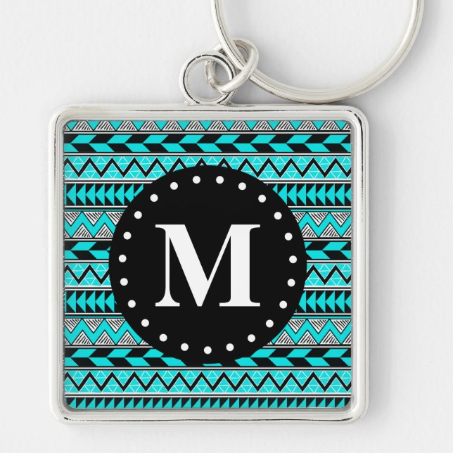 Aqua Blue Tribal Chevron Mönster Monogram Fyrkantig Silverfärgad Nyckelring (Framsidan)