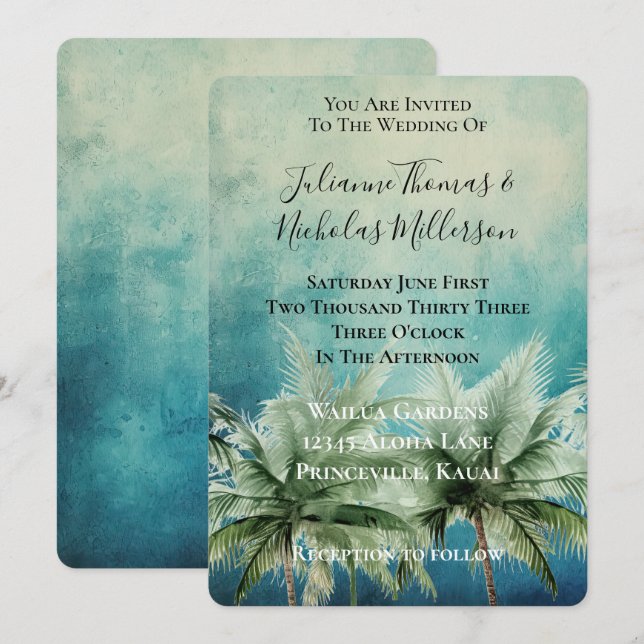 Aqua Blue Tropical Handflatan Träd Bröllop Inbjudningar (Fram/baksida)