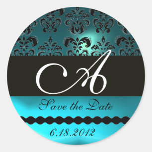 AQUA BLUE TURQUASE AQUAMARINE DAMASK MONOGRAM RUNT KLISTERMÄRKE