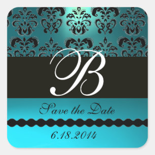 AQUA BLUE TURQUOISE AQUAMARINE DAMASK MONOGRAM FYRKANTIGT KLISTERMÄRKE