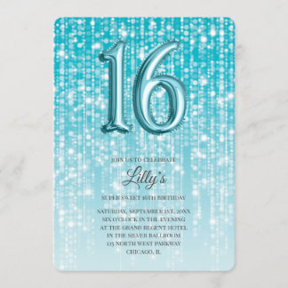 Aqua Blue Twinkle Light Foil Ballon 16:e födelseda Inbjudningar