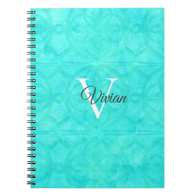 Aqua Blue Watercolor Monogram Namn Anteckningsbok (Framsidan)