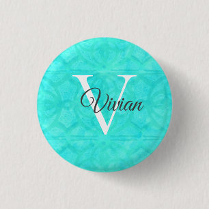Aqua Blue Watercolor Monogram Namn Knapp