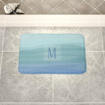 Aqua Blue Watercolor Vågar Monogram Bath Mat