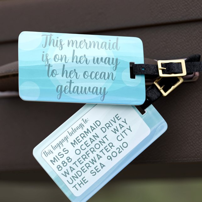 Aqua Blue Watercolor Vinkarare Sjöjungfru Ocean Qu Bagagebricka (Off on your ocean getaway? You'll need this luggage tag! Just add you details and set sail)