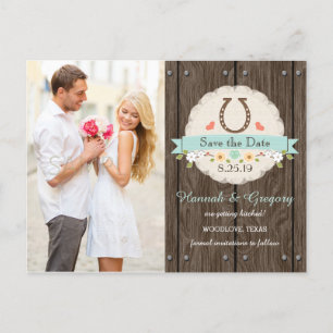 Aqua Blue Western Hästsko Save the Date Postkort Meddelande Vykort