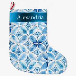 Aqua Blue White Batik Blommigt jul Namn Stor Julstrumpa