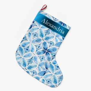 Aqua Blue White Batik Blommigt jul Namn Stor Julstrumpa