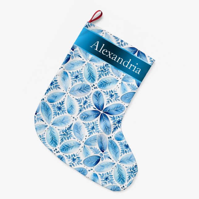 Aqua Blue White Batik Blommigt jul Namn Stor Julstrumpa (Framsidan (Hängande))