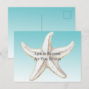 Aqua Blue White Guld Starfish Beach Vykort