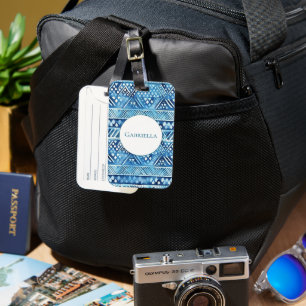 Aqua Blue White Tribal Rand Dots Bagagebricka