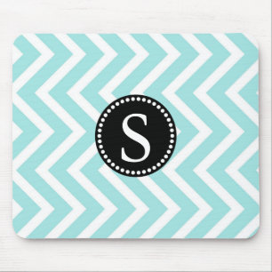 Aqua Blue & White Zigzag Mönster Black Monogram Musmatta