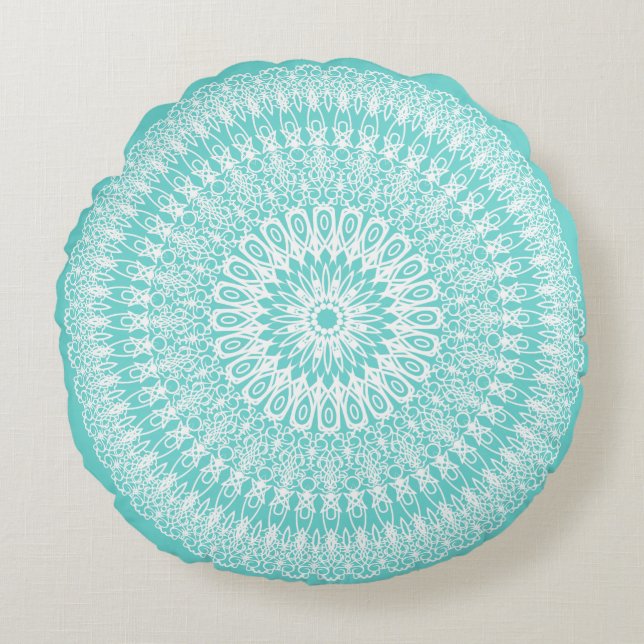Aqua Boho Mandala Rund Kudde (Framsidan)