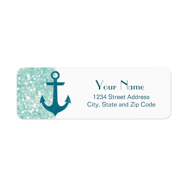 Aqua Bokeh Nautical Glitter Anchor Returadress Etikett (Framsidan)