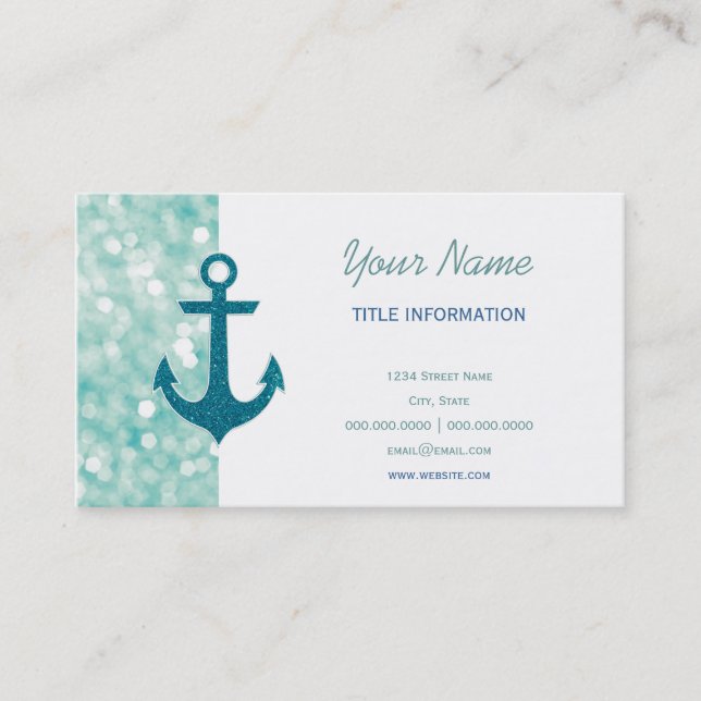 Aqua Bokeh Nautical Glitter Anchor Visitkort (Framsida)