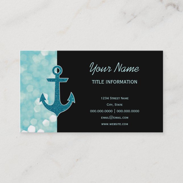 Aqua Bokeh Nautical Glitter Anchor Visitkort (Framsida)