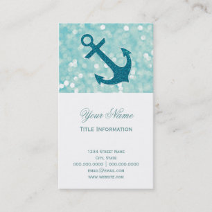 Aqua Bokeh Nautical Glitter Anchor Visitkort