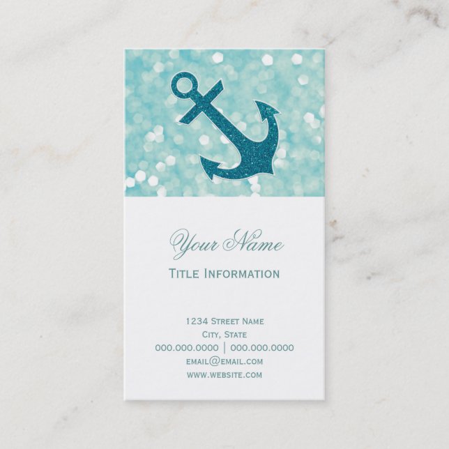 Aqua Bokeh Nautical Glitter Anchor Visitkort (Framsida)