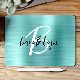 Aqua Borstat Metall Svart Vitt Script Monogram  Musmatta