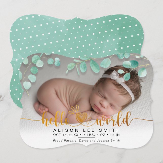 Aqua bouquet & dots hej World baby Meddelande (Fram/baksida)