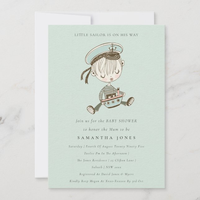 Aqua Boy Little Sailor Nautical Baby Shower Inbjud Tack Kort (Framsida)