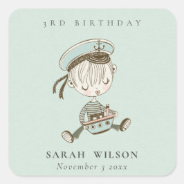 Aqua Boys Little Sailor Nautical any age Birthday Fyrkantigt Klistermärke