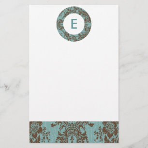 Aqua Brown Damask Anpassade Monogram Brevpapper