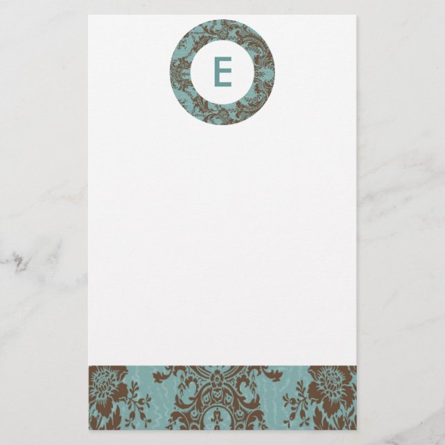 Aqua Brown Damask Anpassade Monogram Brevpapper (Framsida)