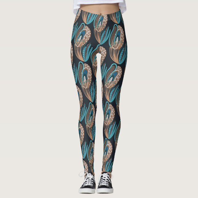 Aqua/ Brown Peacock Kvinnors beningar Leggings (Framsida)