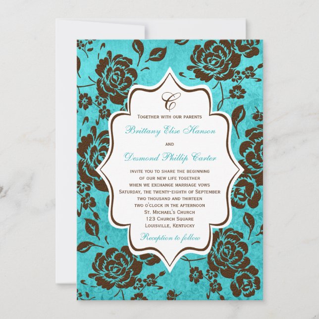 Aqua Brown White Blommigt Damask Wedding bjudande Inbjudningar (Framsida)