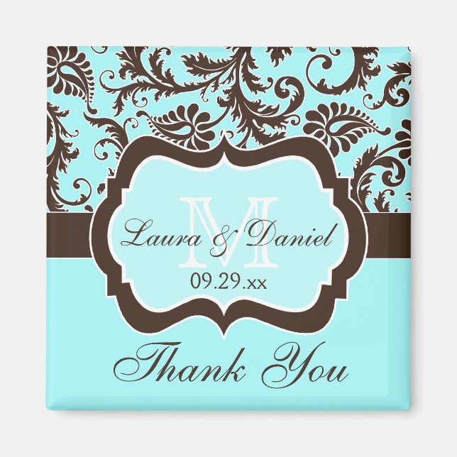 Aqua, Brown, White Blommigt Wedding Favor Magnet (Framsidan)