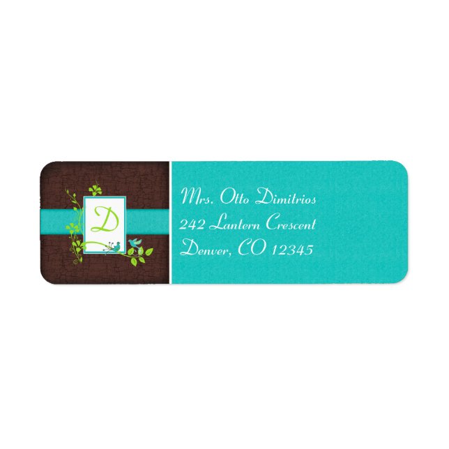Aqua, Brown, White, Grönt Monogram adressetikett Returadress Etikett (Framsidan)