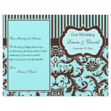 Aqua, Brown, White Stripe Damask Wedding Program