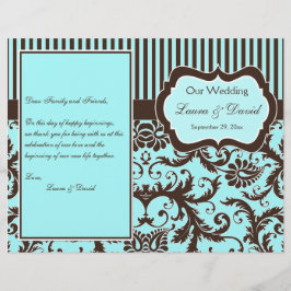 Aqua, Brown, White Stripe Damask Wedding Program