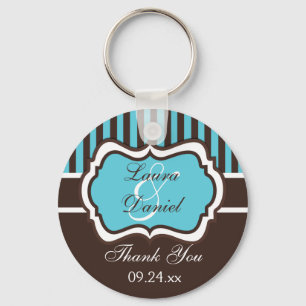 Aqua, Brown, White Stripe Wedding Favor Nyckelring