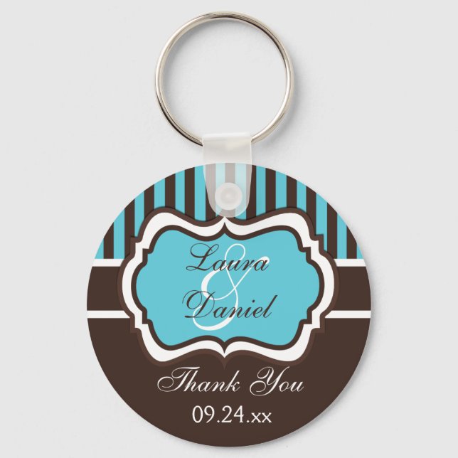 Aqua, Brown, White Stripe Wedding Favor Nyckelring (Framsida)