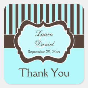 Aqua, Brown, White Stripe Wedding Favor Sticker Fyrkantigt Klistermärke