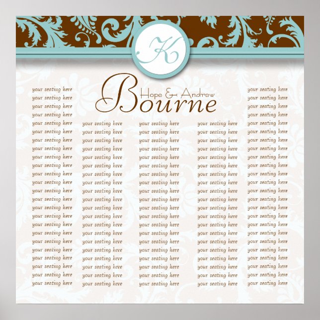 Aqua Brun Monogram Damast Sittplatskarta  Poster (Framsidan)