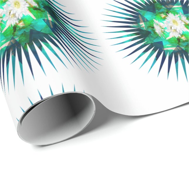 Aqua Cactus Flower Kaleidoscope Effect Presentpapper (Rullad Hörn)