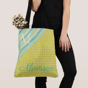 Aqua Chartreuse Trendig Dots Girly Namn Monogram Tygkasse