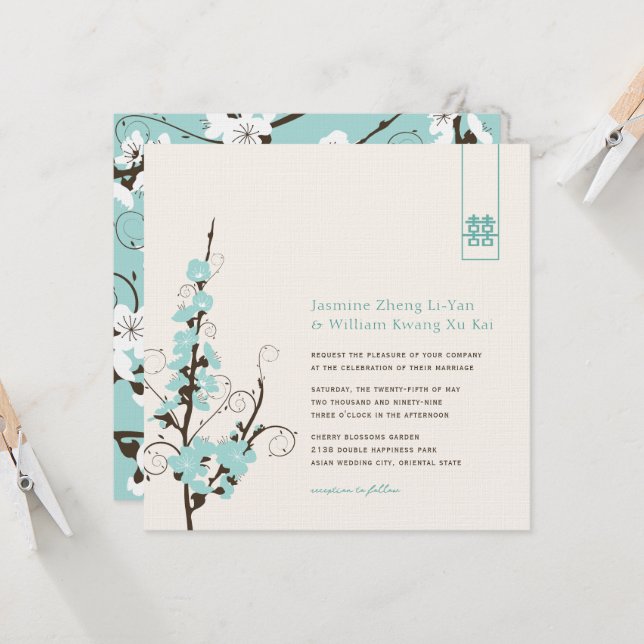 Aqua Cherry Blommars Sakura Swirls Asian Bröllop Inbjudningar (Fram/Back In Situ)
