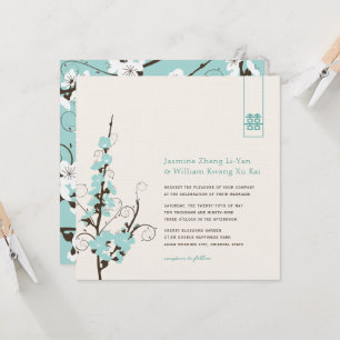 Aqua Cherry Blommars Sakura Swirls Asian Bröllop Inbjudningar