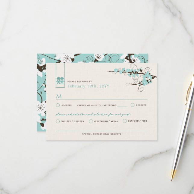 Aqua Cherry Blommars Sakura Swirls Asian Bröllop OSA Kort (Fram/Back In Situ)