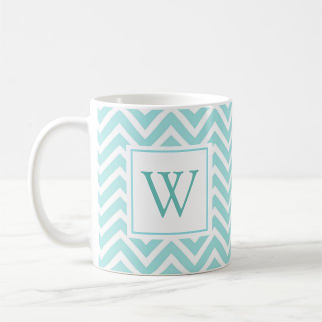 Aqua Chevron Design Initial Monogram Kaffe Mugg (Vänster)