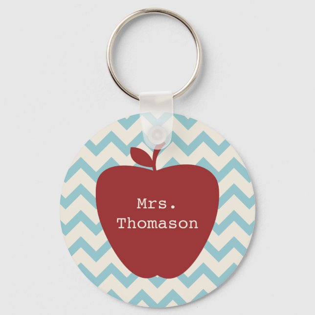 Aqua Chevron Red Apple Teacher Nyckelring (Framsida)