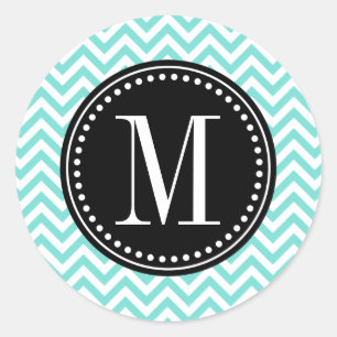 Aqua Chevron Zigzag Personlig Monogram Runt Klistermärke
