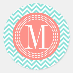 Aqua Chevron Zigzag Personlig Monogram Runt Klistermärke