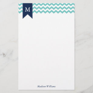 Aqua Chevrons Mönster och Blue Monogram Brevpapper