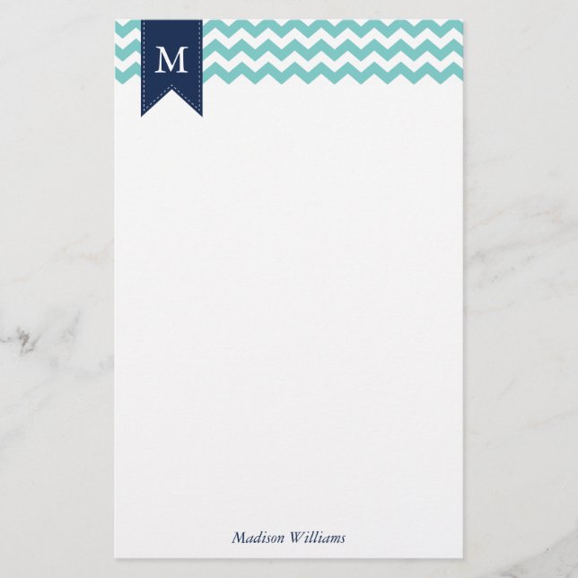 Aqua Chevrons Mönster och Blue Monogram Brevpapper (Framsida)